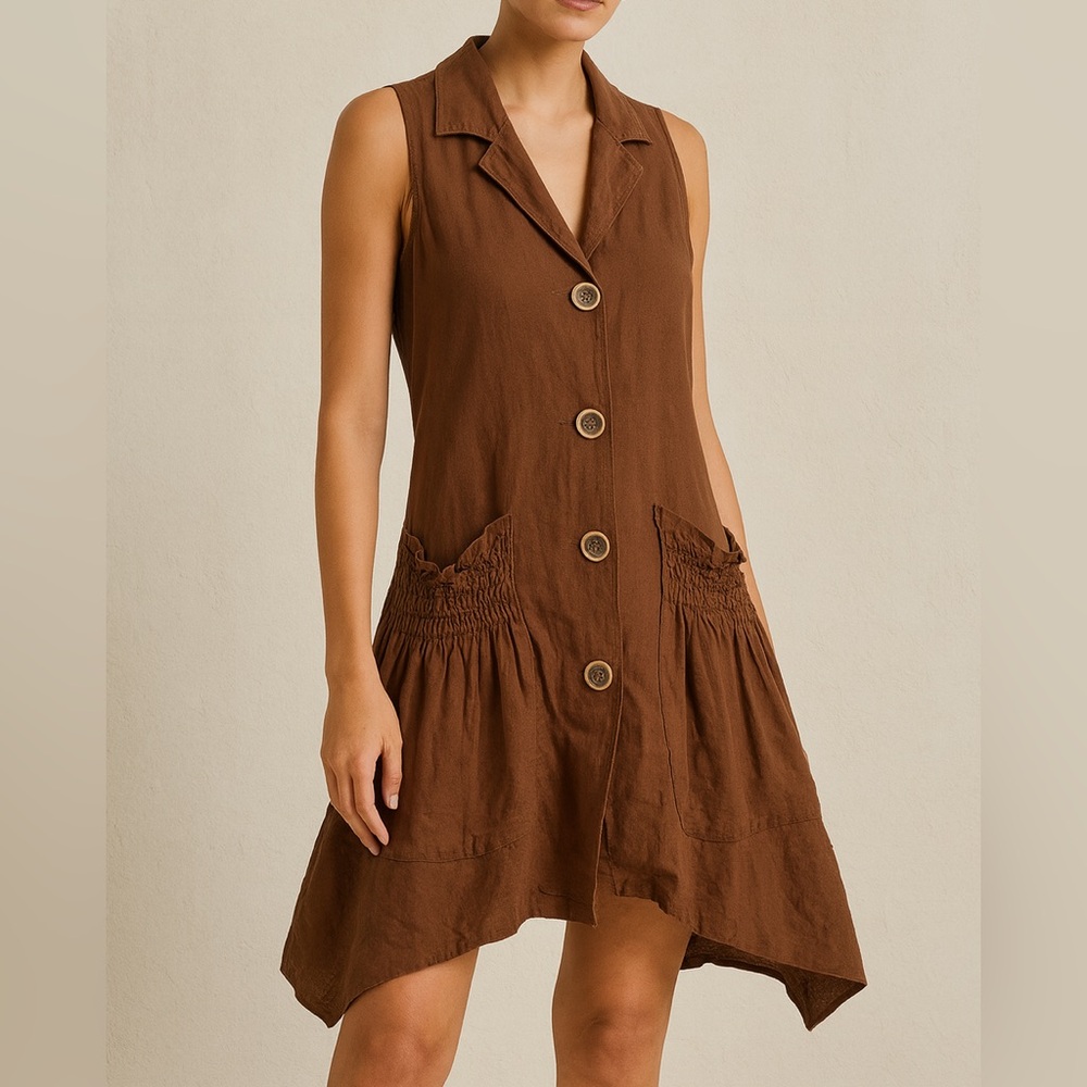 Linen Shirt Dress Brown Asymmetrical Hem Button Front Size L Chocolate Brown